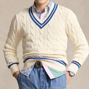 Polo Ralph Lauren Iconic Cable Knit Cricket Sweater Mens XL Royal Creme NWT